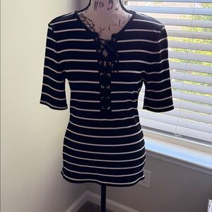 White House Black Market Black and White Lace-Up Top